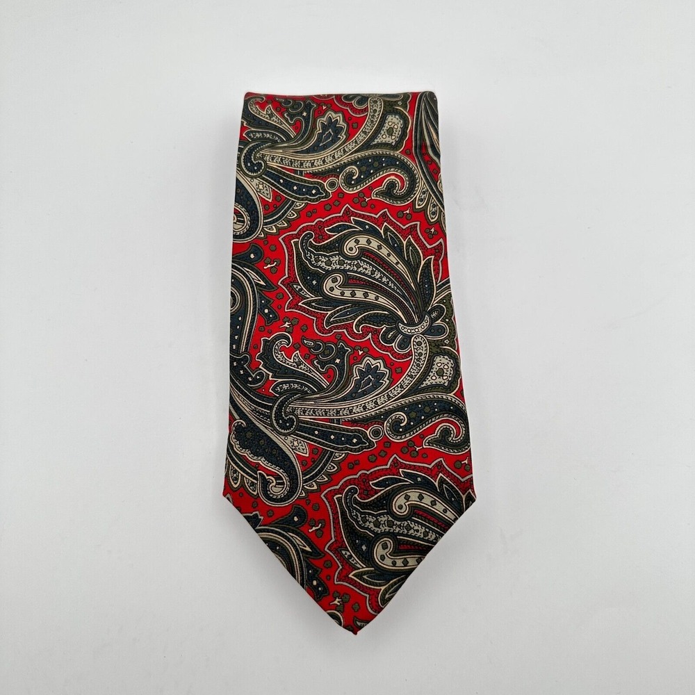 Vtg Halston Pointed Necktie One Size Red Black Paisley Silk Classic Wedding Boho
